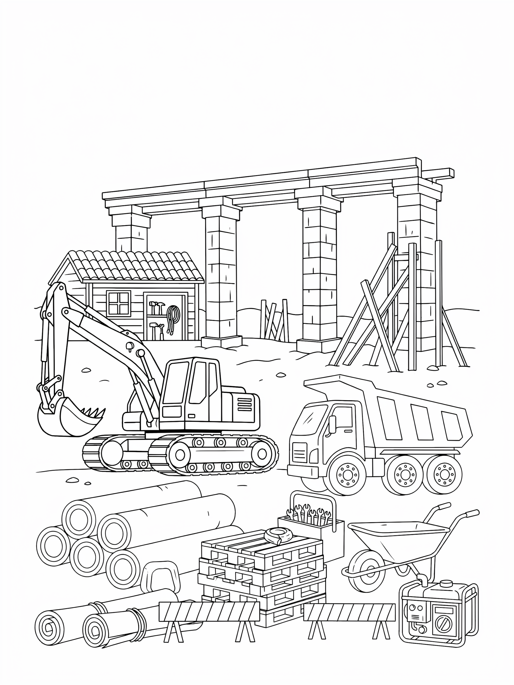 Ausmalbild: Brückenbaustelle mit Bagger