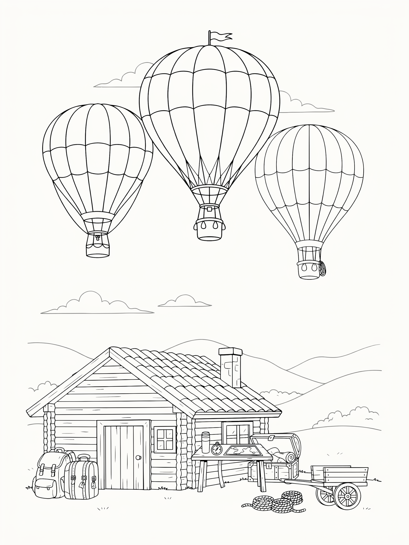 Ausmalbild: Heißluftballons am Startplatz