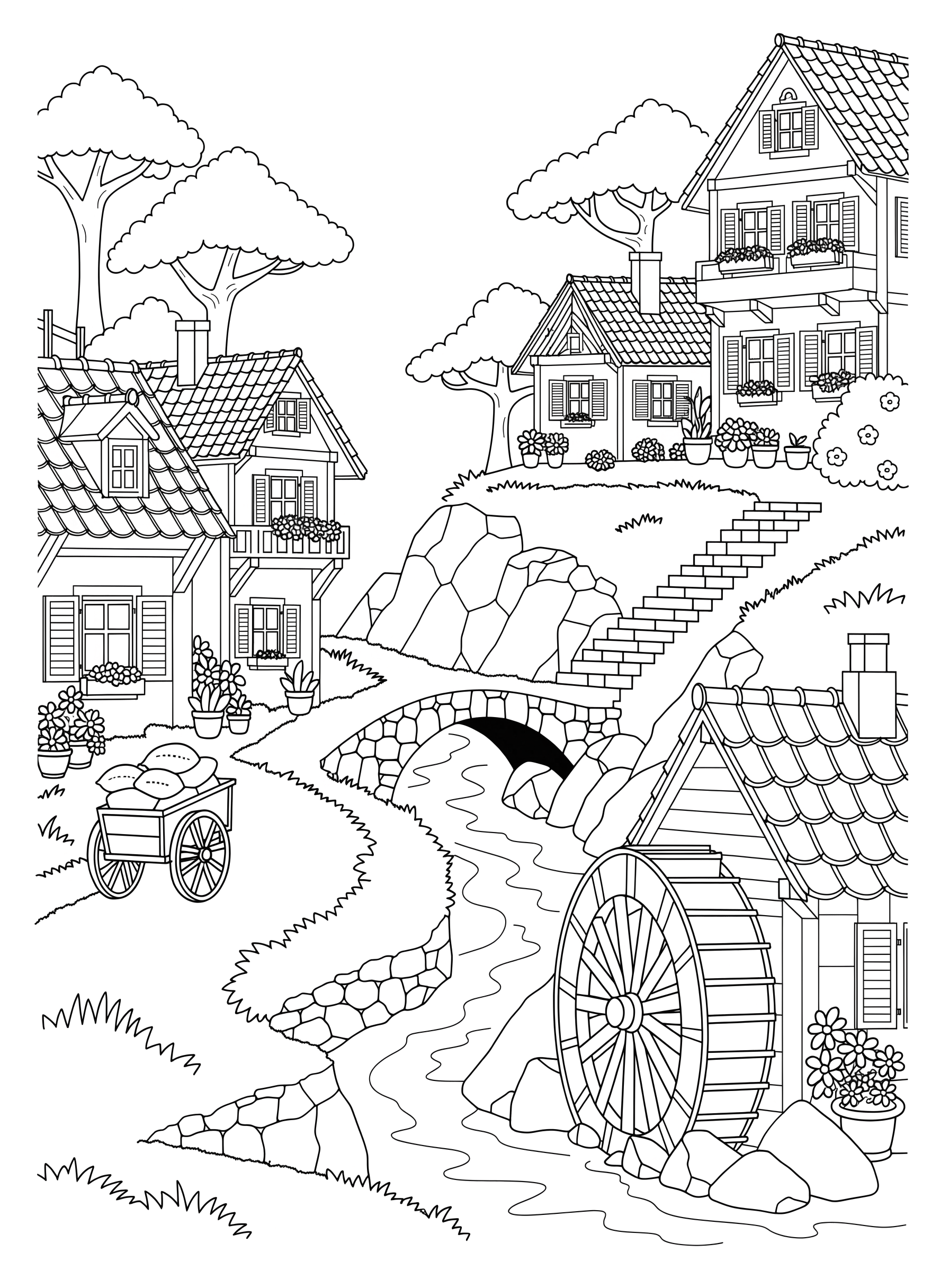 Ausmalbild: Bergdorf mit Wassermühle