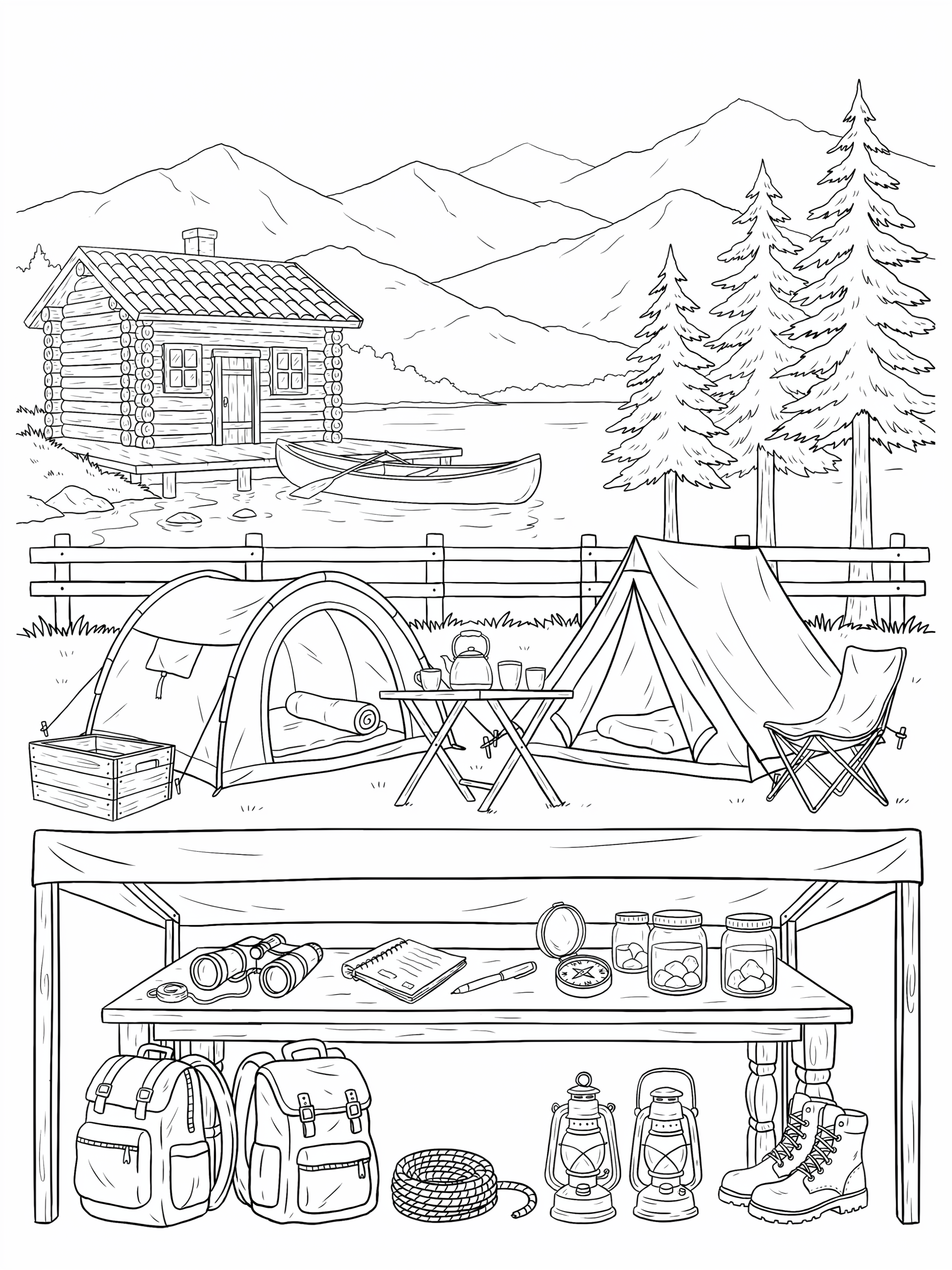 Ausmalbild: Camping am Bergsee