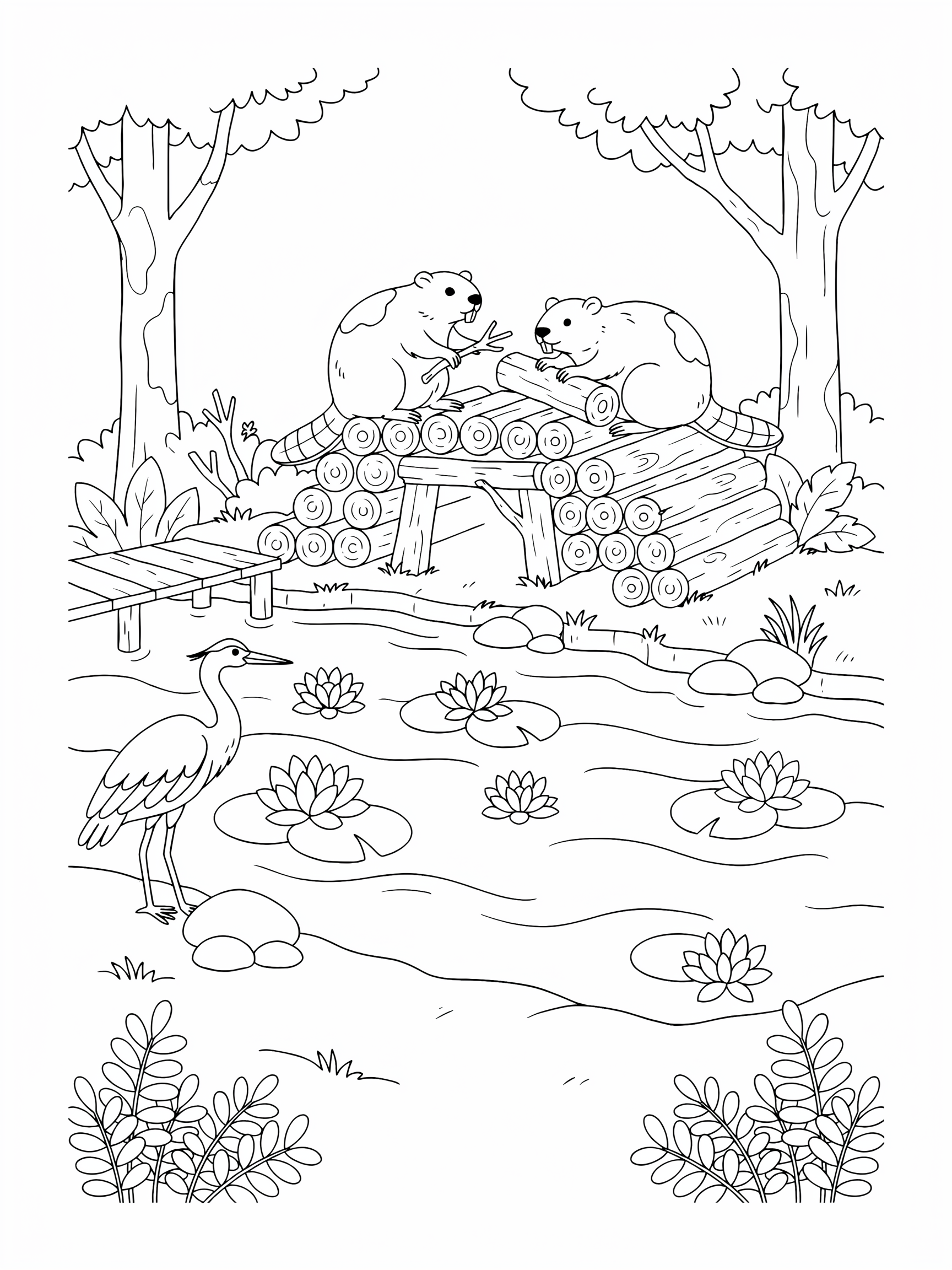 Ausmalbild: Biber am Waldteich