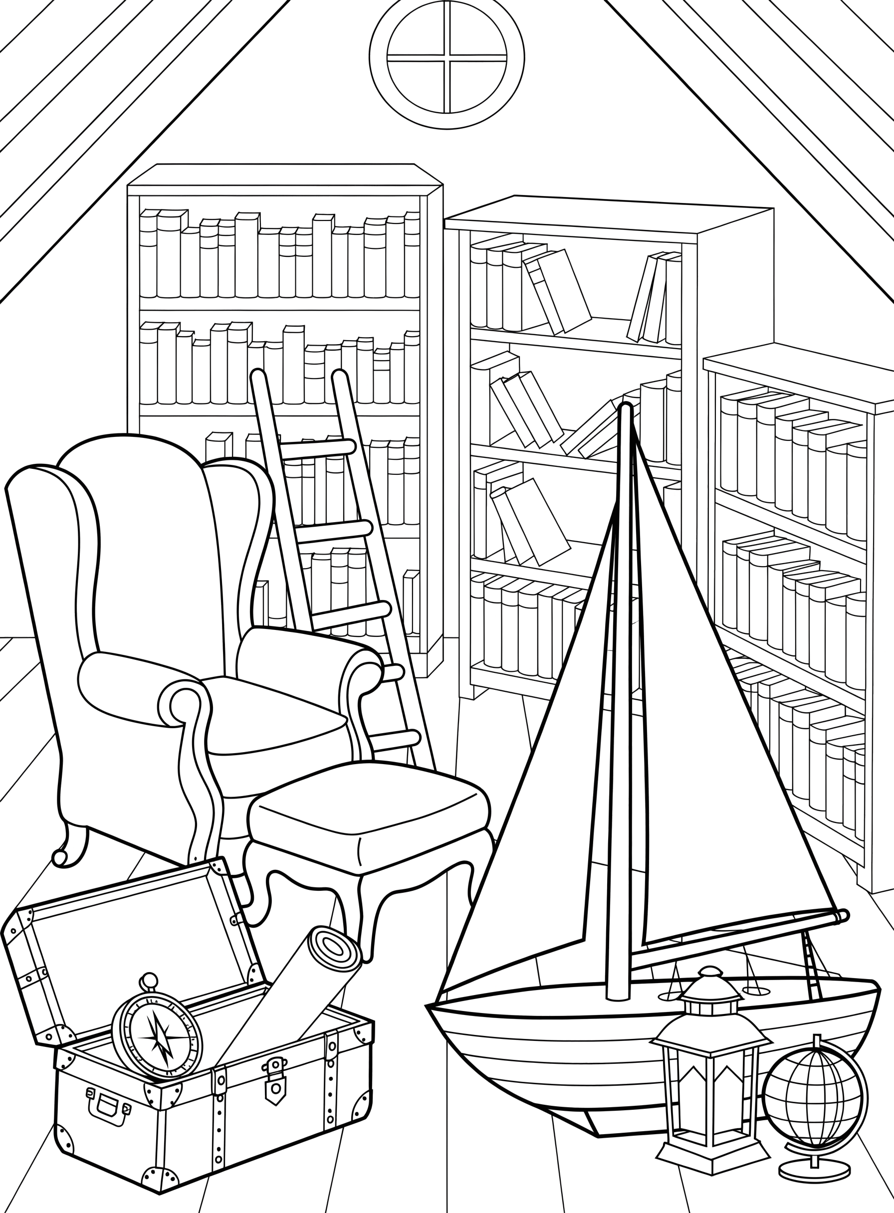 Ausmalbild: Geheime Dachbodenbibliothek