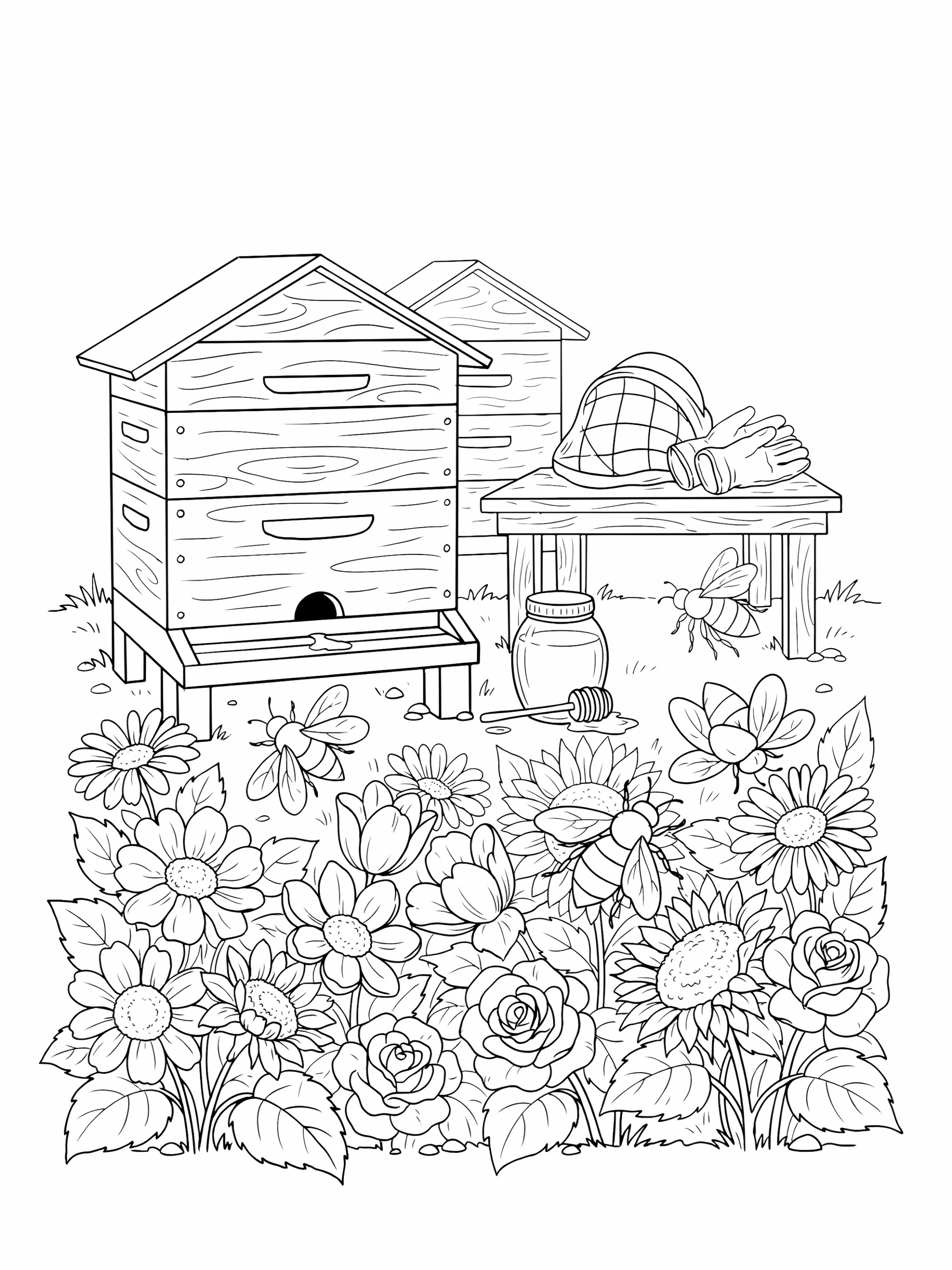 Ausmalbild: Bienenstock im Blütengarten