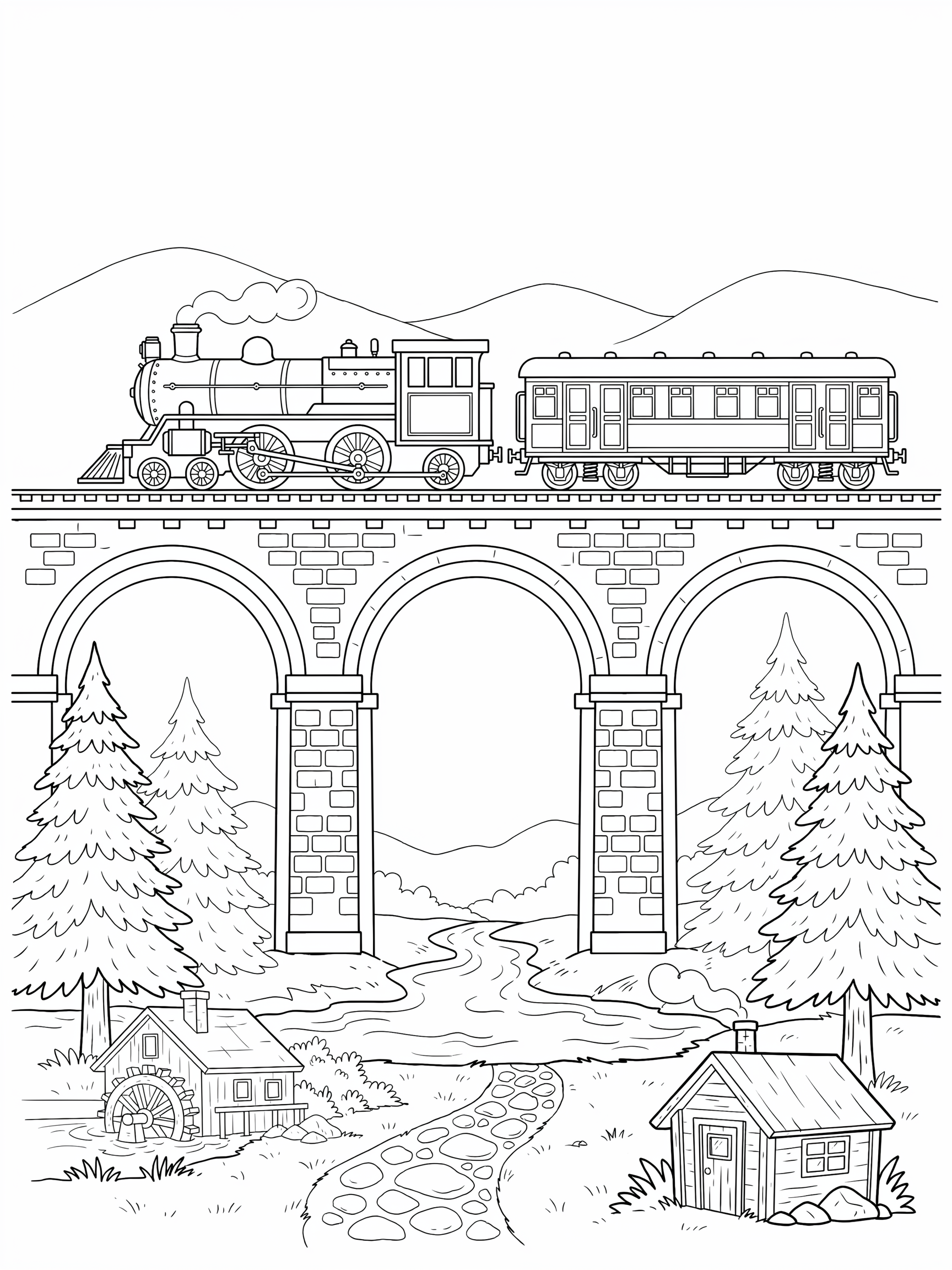 Ausmalbild: Zug auf der Bergbrücke