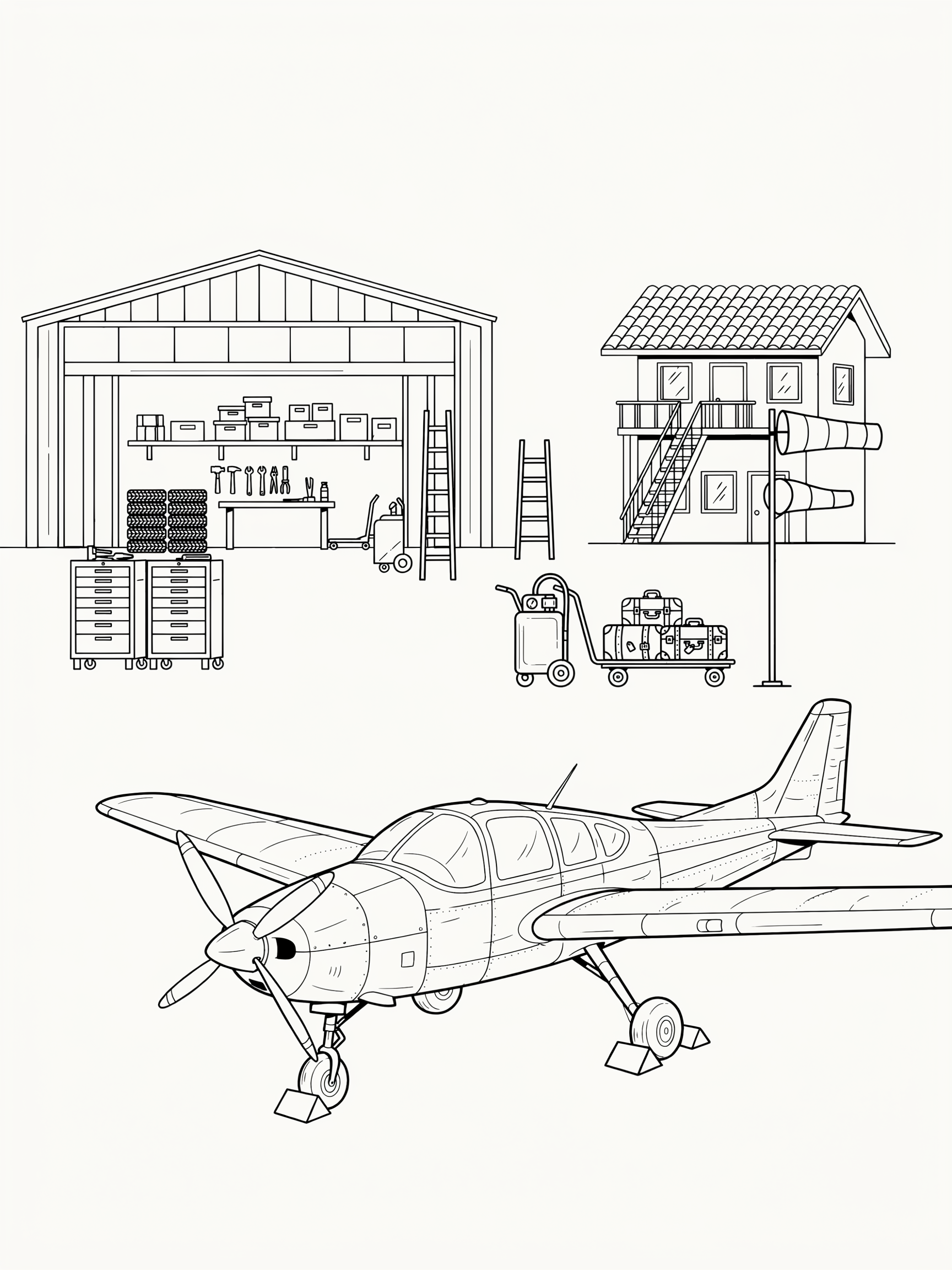Ausmalbild: Flugplatz mit Propellerflugzeug
