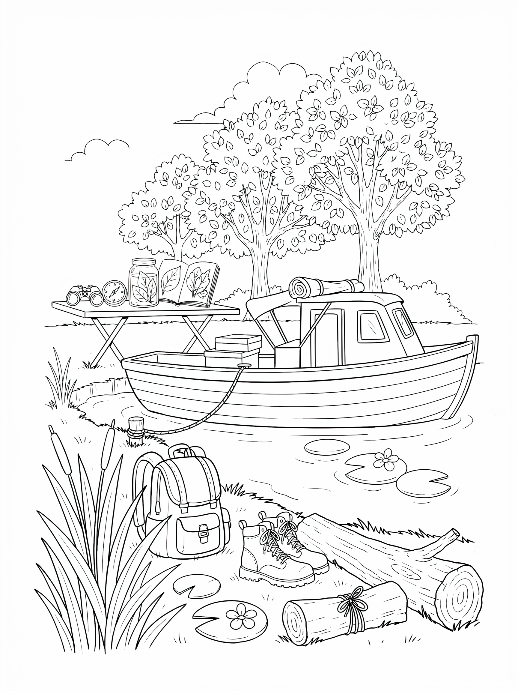 Ausmalbild: Forschungsboot am Flussufer