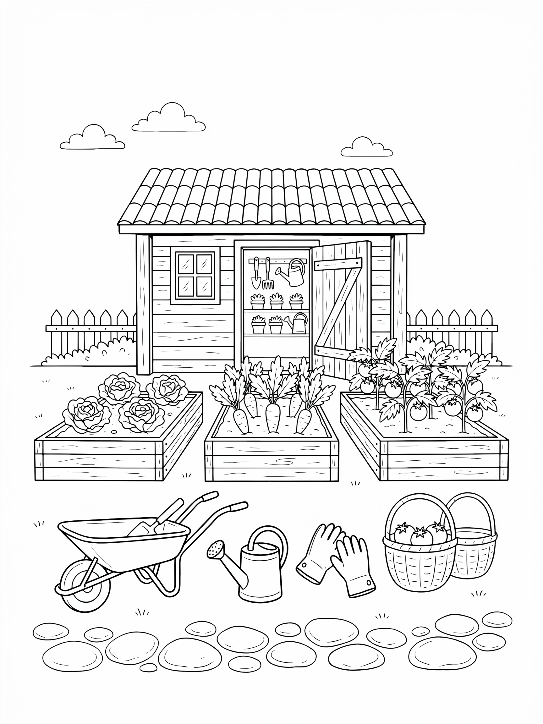 Ausmalbild: Gartenhaus mit Hochbeeten