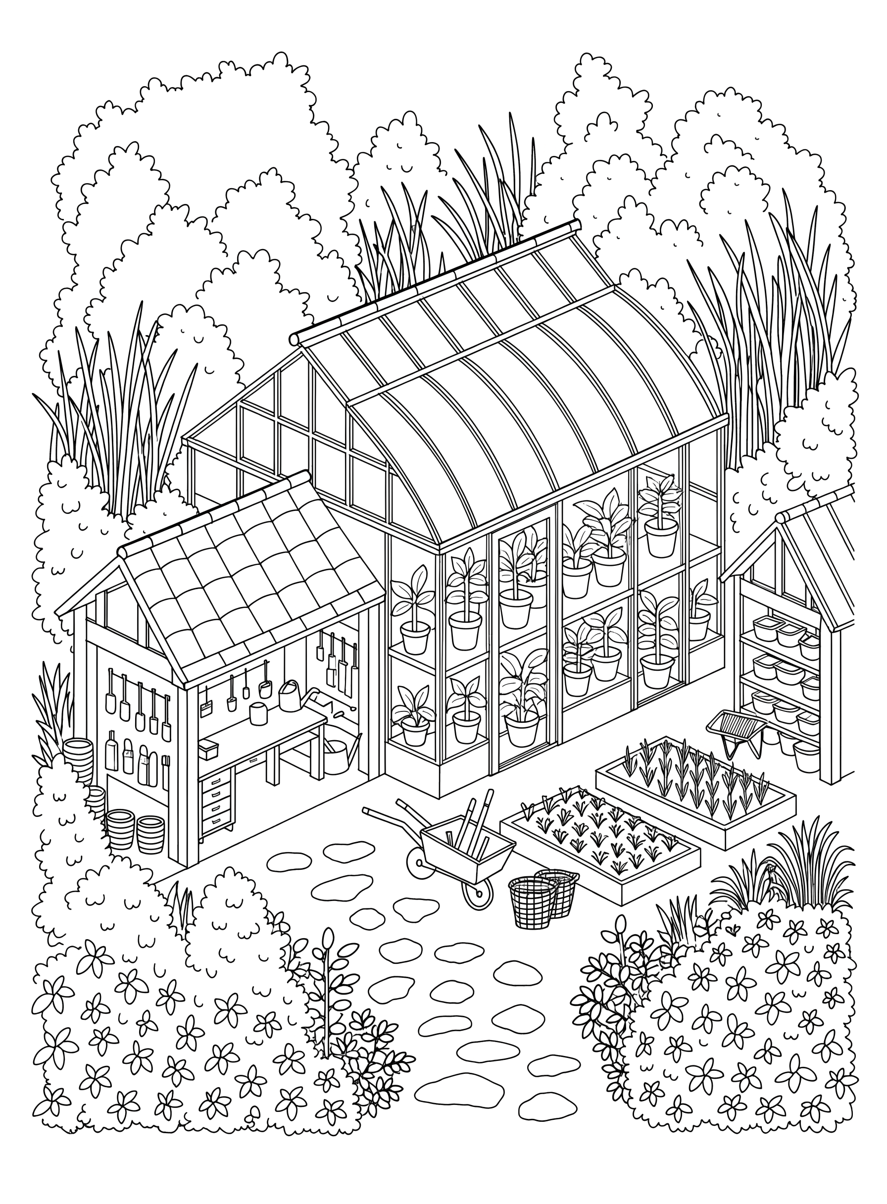 Ausmalbild: Gewächshaus im Garten