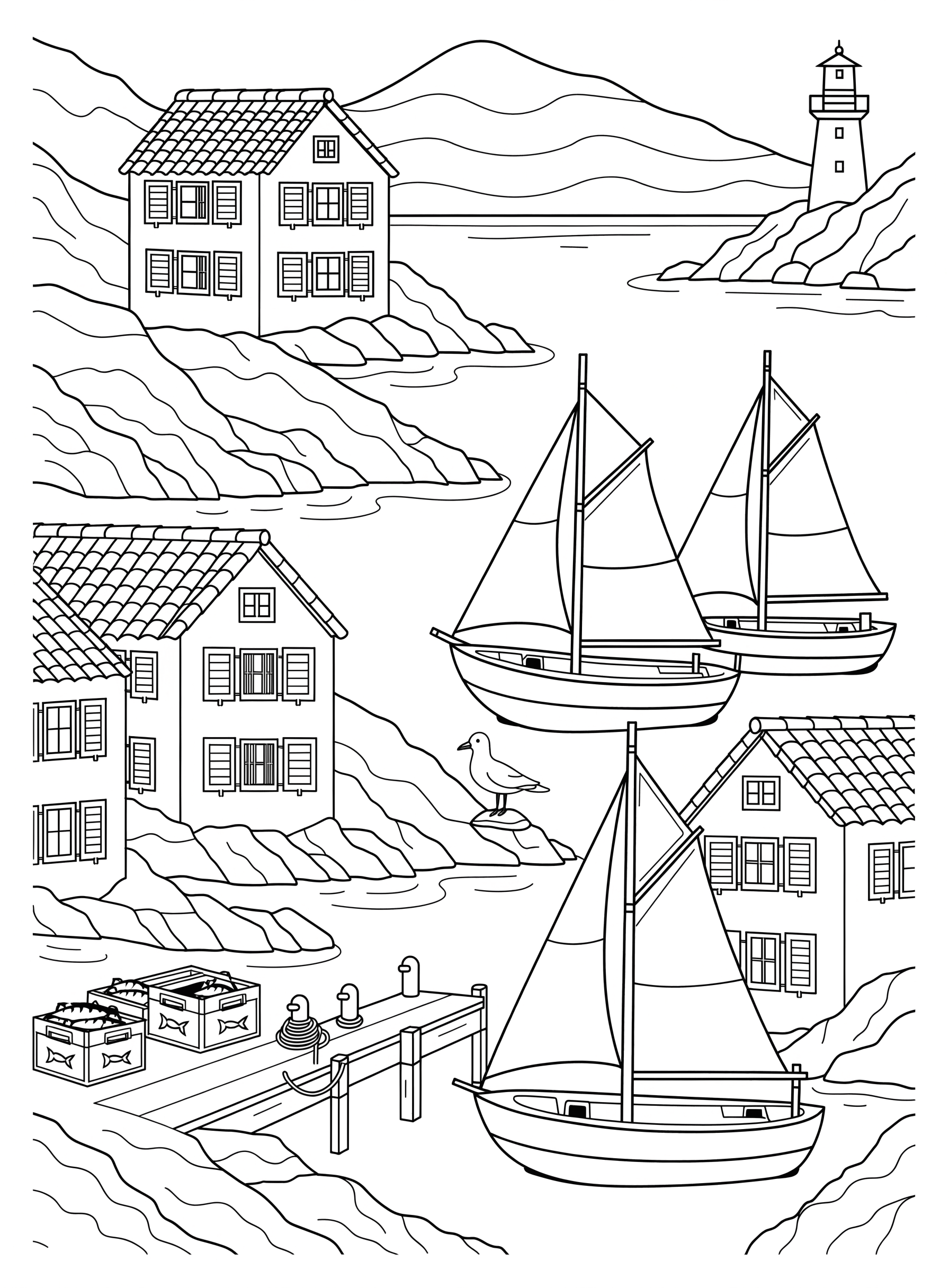 Ausmalbild: Hafenviertel mit Segelbooten