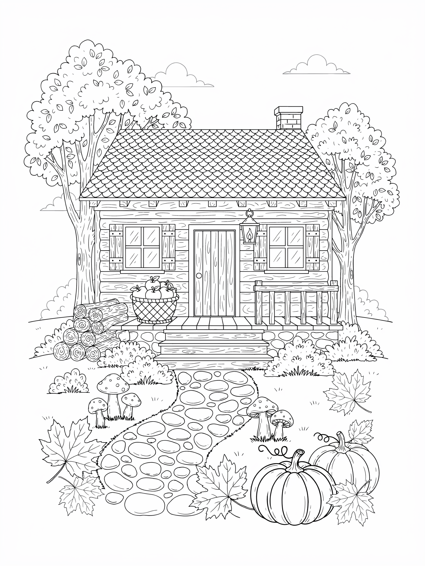 Ausmalbild: Waldhütte im Herbst