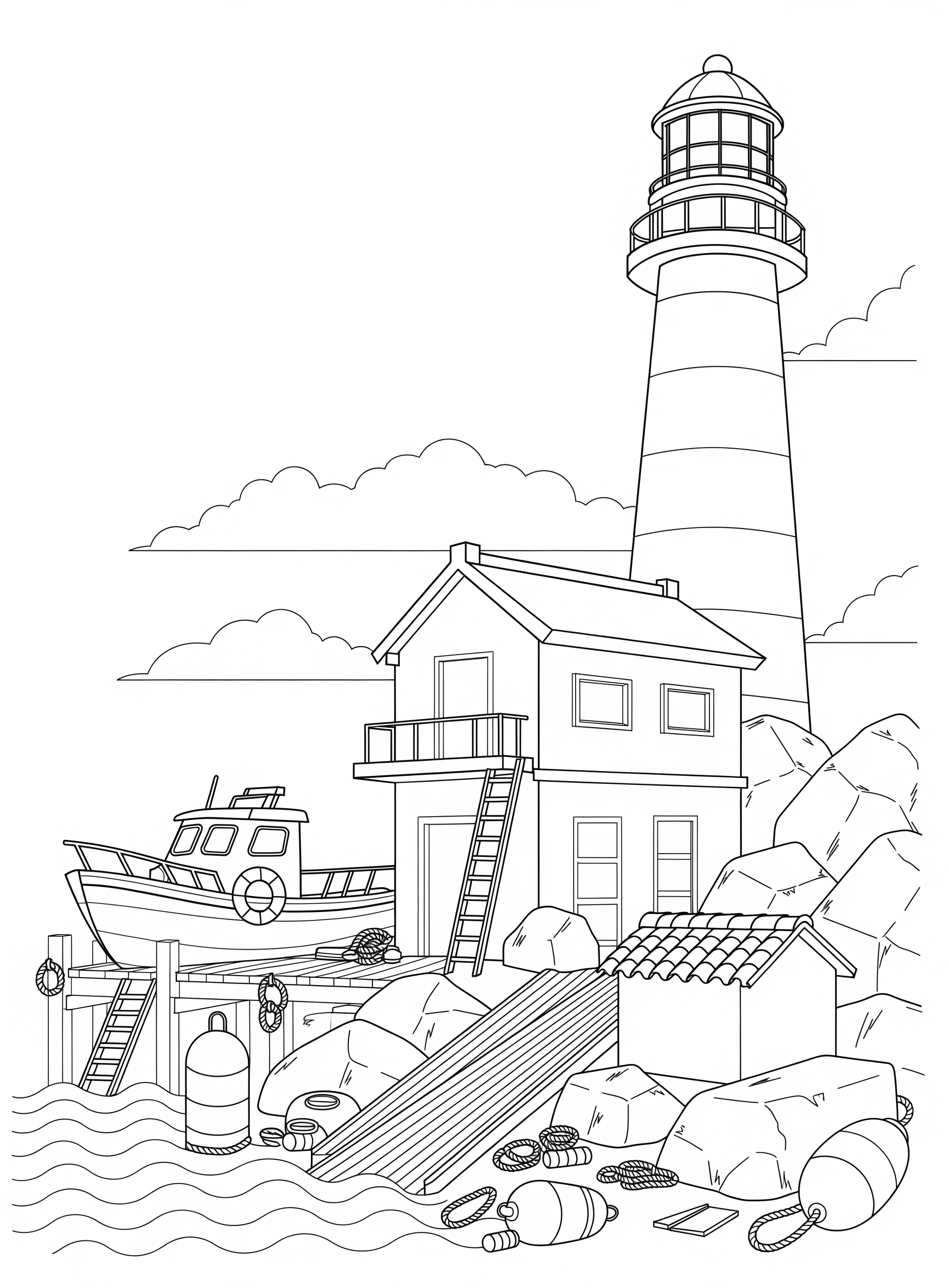 Ausmalbild: Leuchtturm und Seenotstation