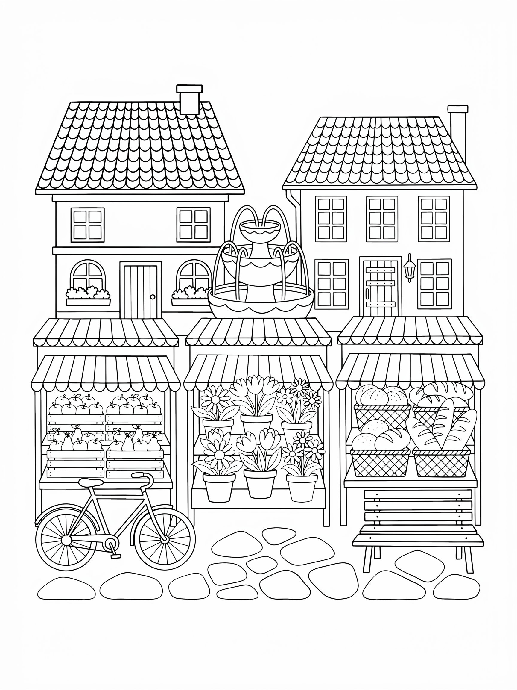 Ausmalbild: Marktstände auf dem Dorfplatz