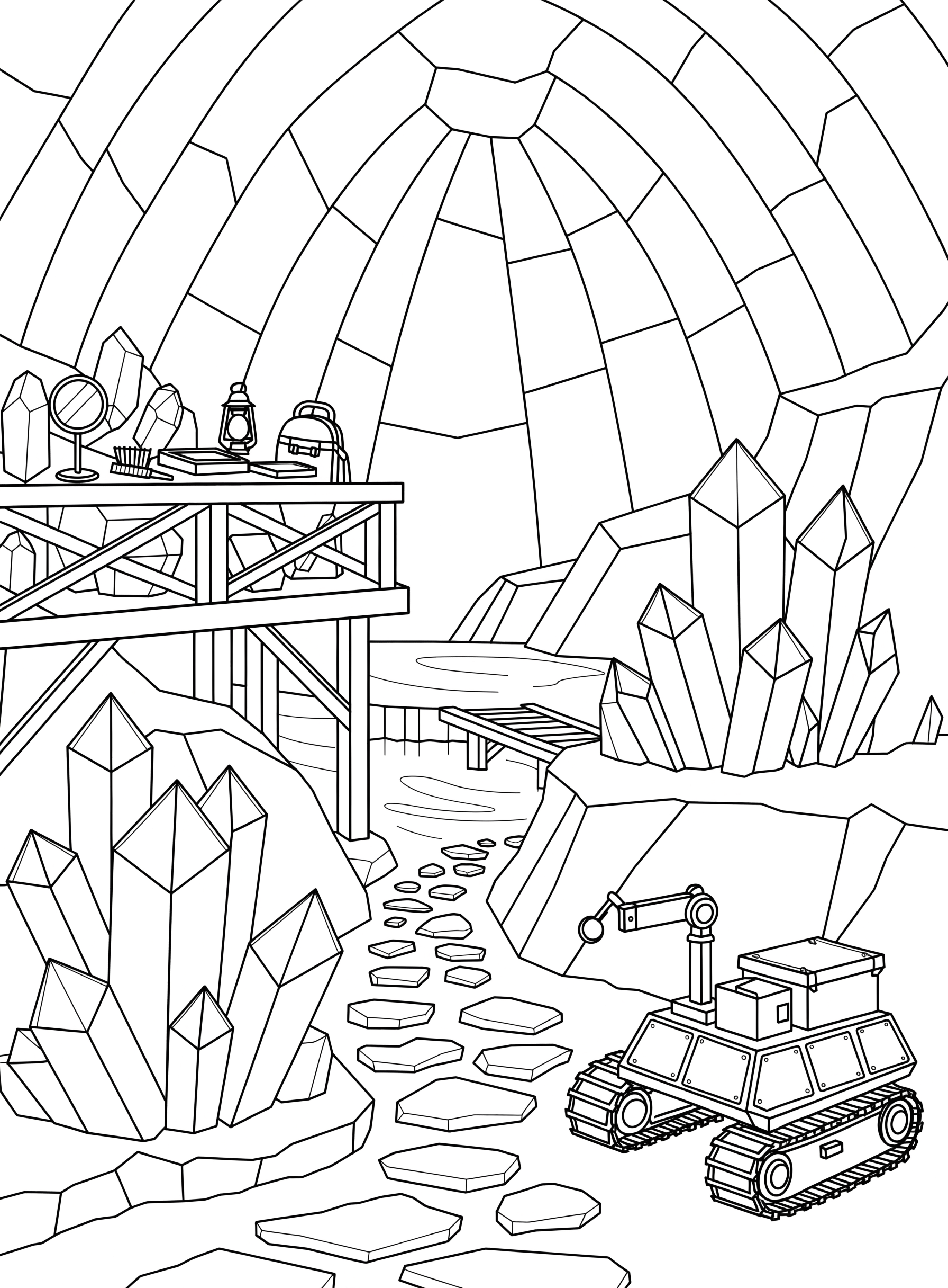 Ausmalbild: Kristallhöhle mit Forscherausrüstung