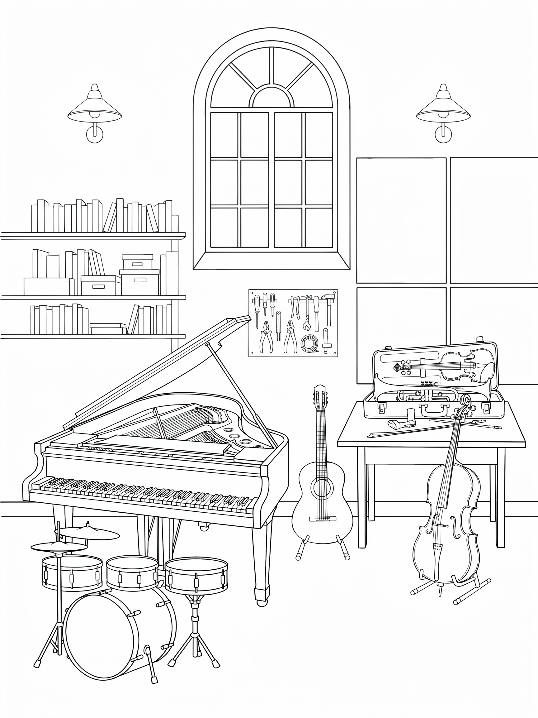 Ausmalbild: Musikzimmer mit Instrumenten