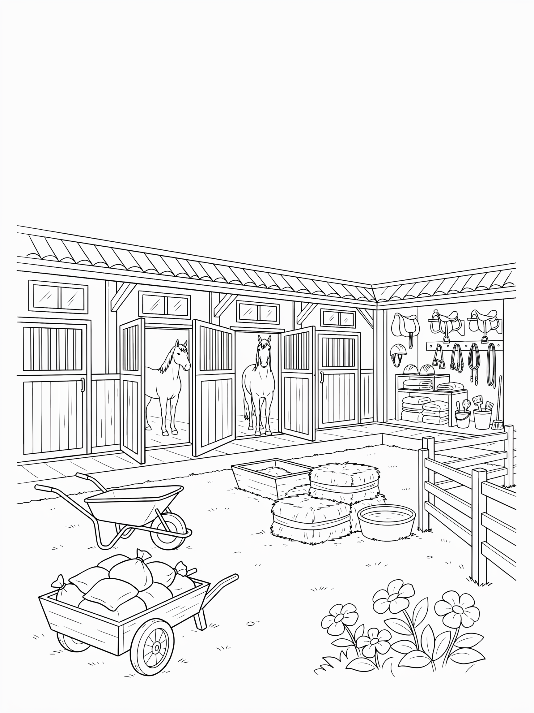 Ausmalbild: Pferdehof mit Sattelkammer