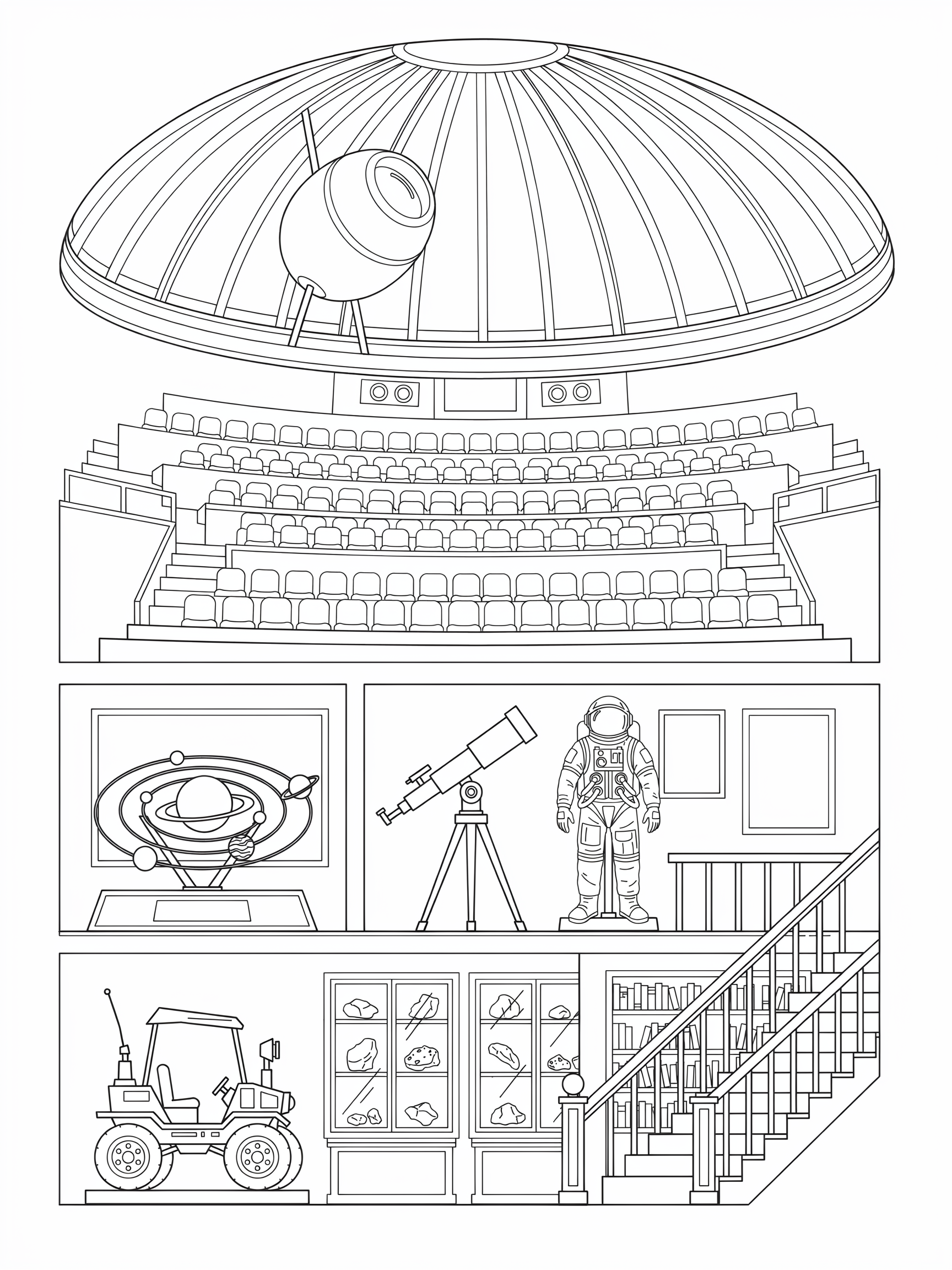 Ausmalbild: Planetarium mit Ausstellung