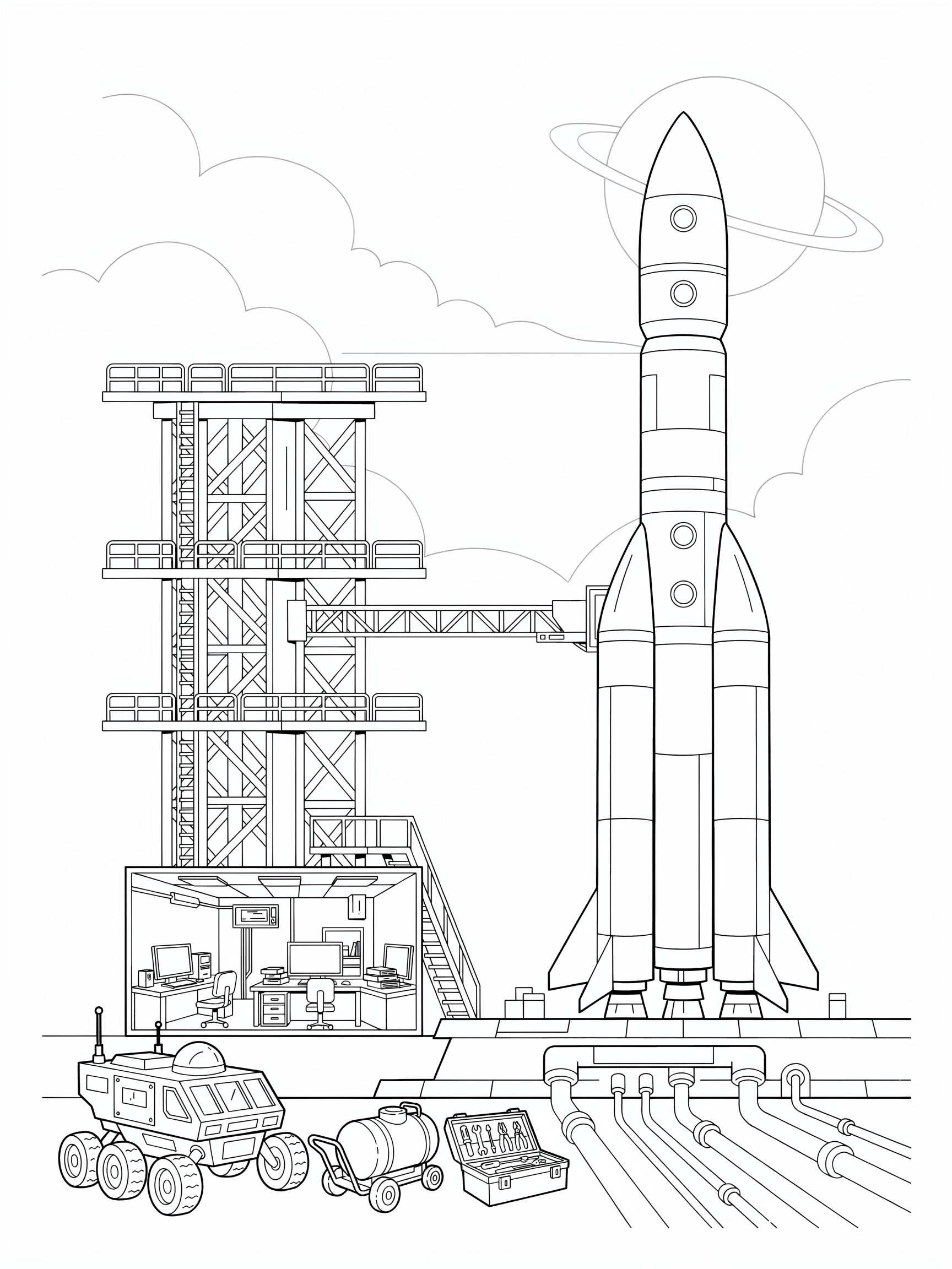 Ausmalbild: Rakete auf der Startplattform