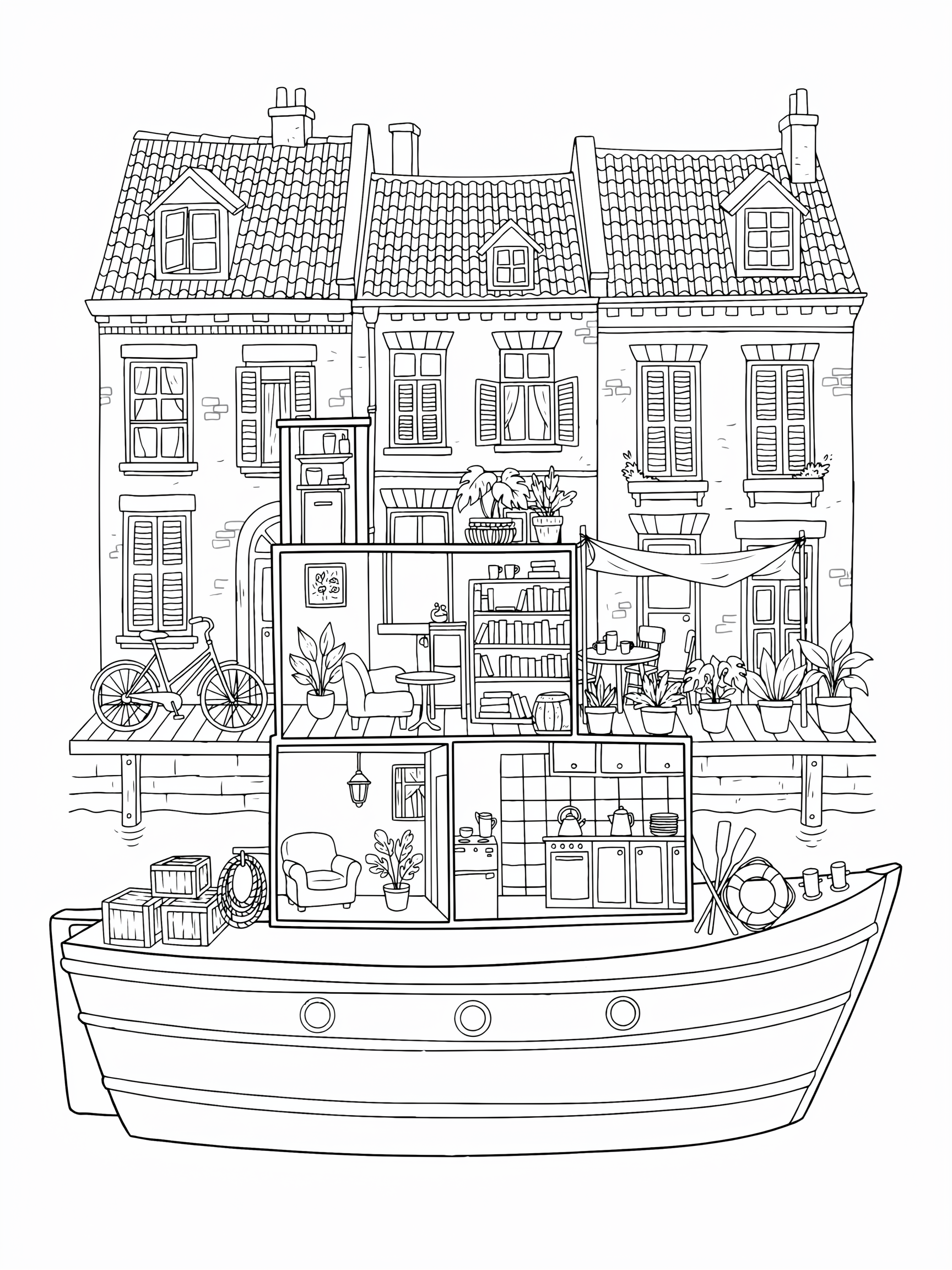 Ausmalbild: Hausboot am Fluss