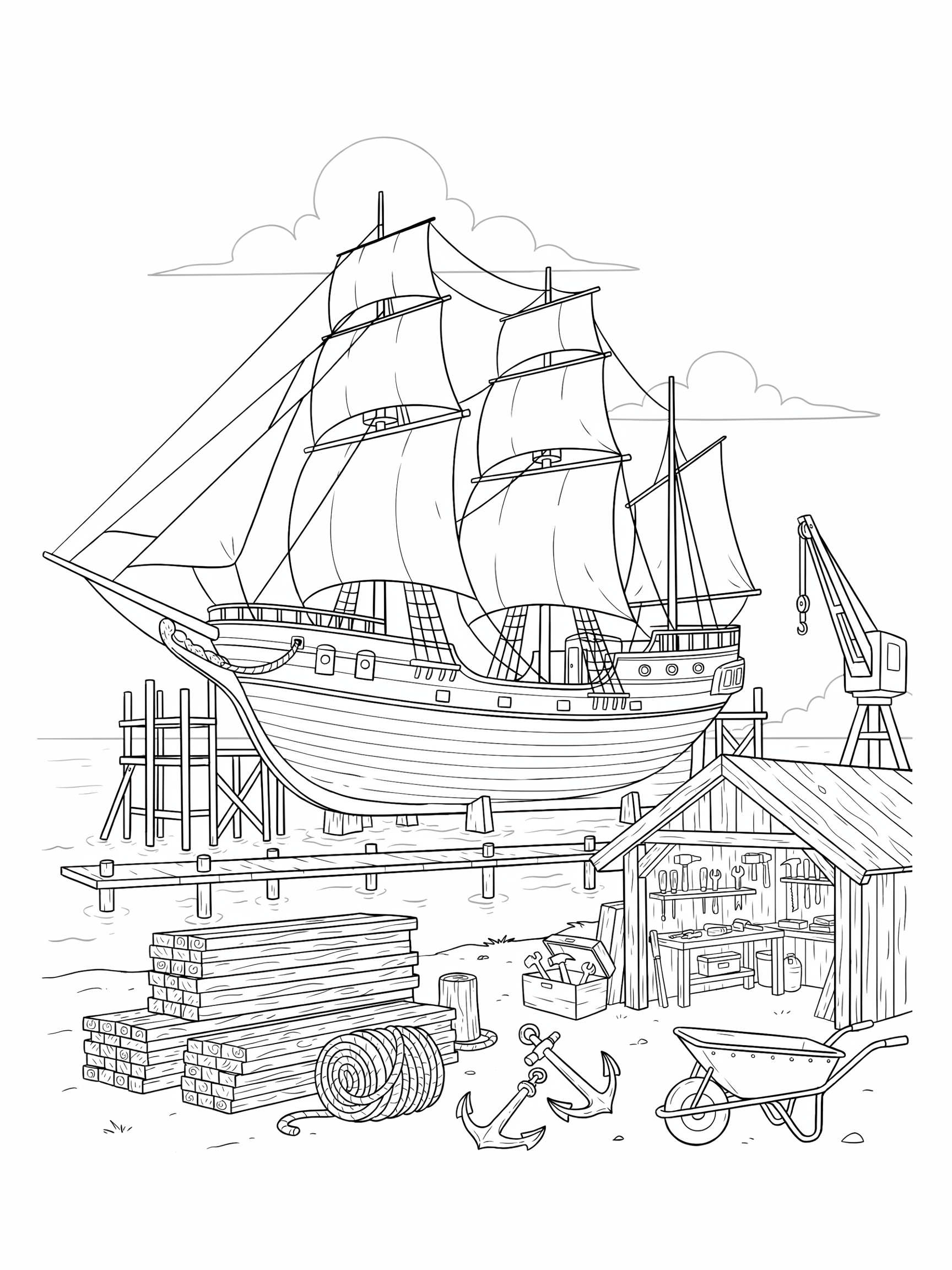 Ausmalbild: Schiffswerft mit Segelschiff