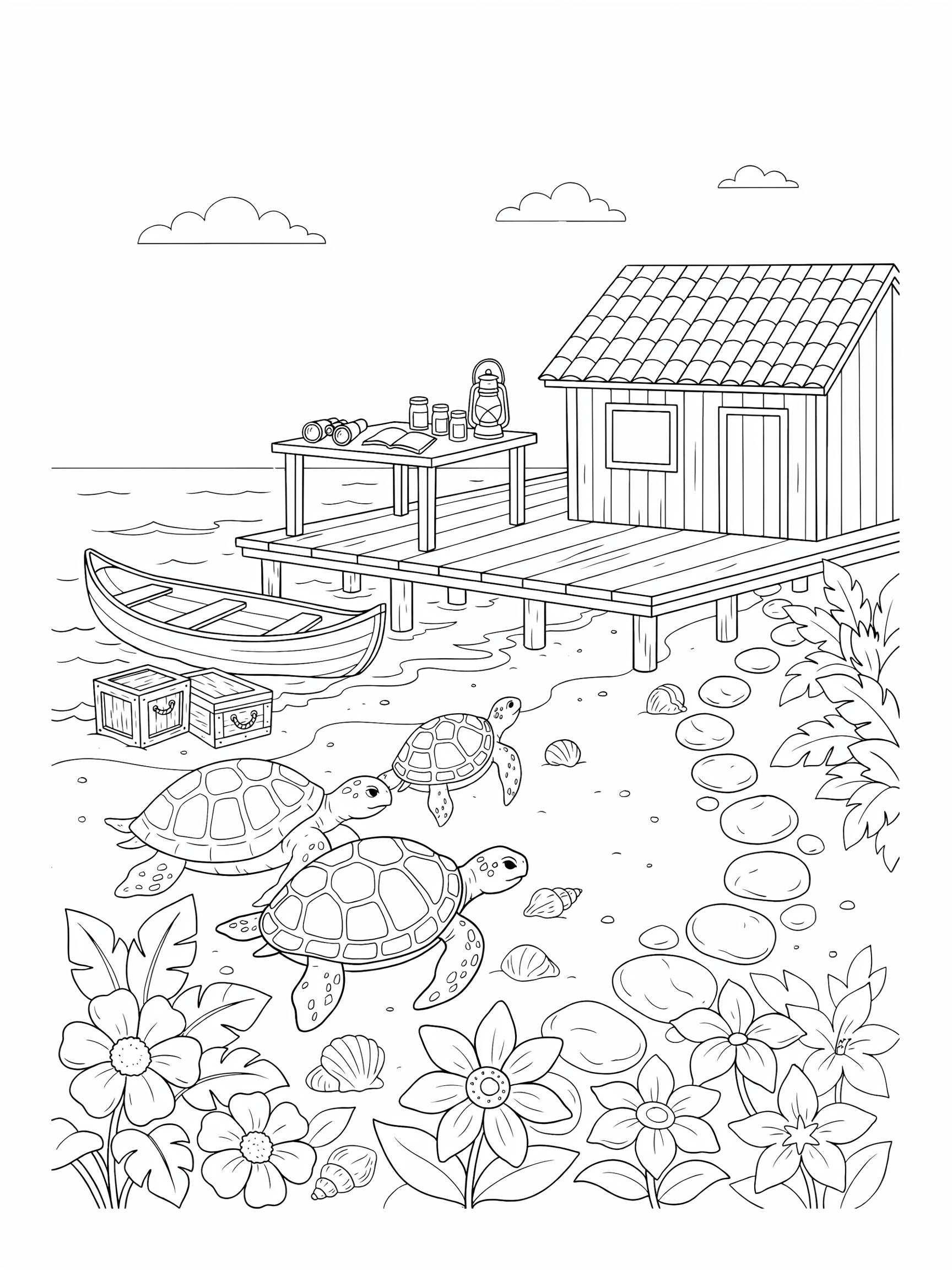 Ausmalbild: Schildkröteninsel mit Forschungssteg