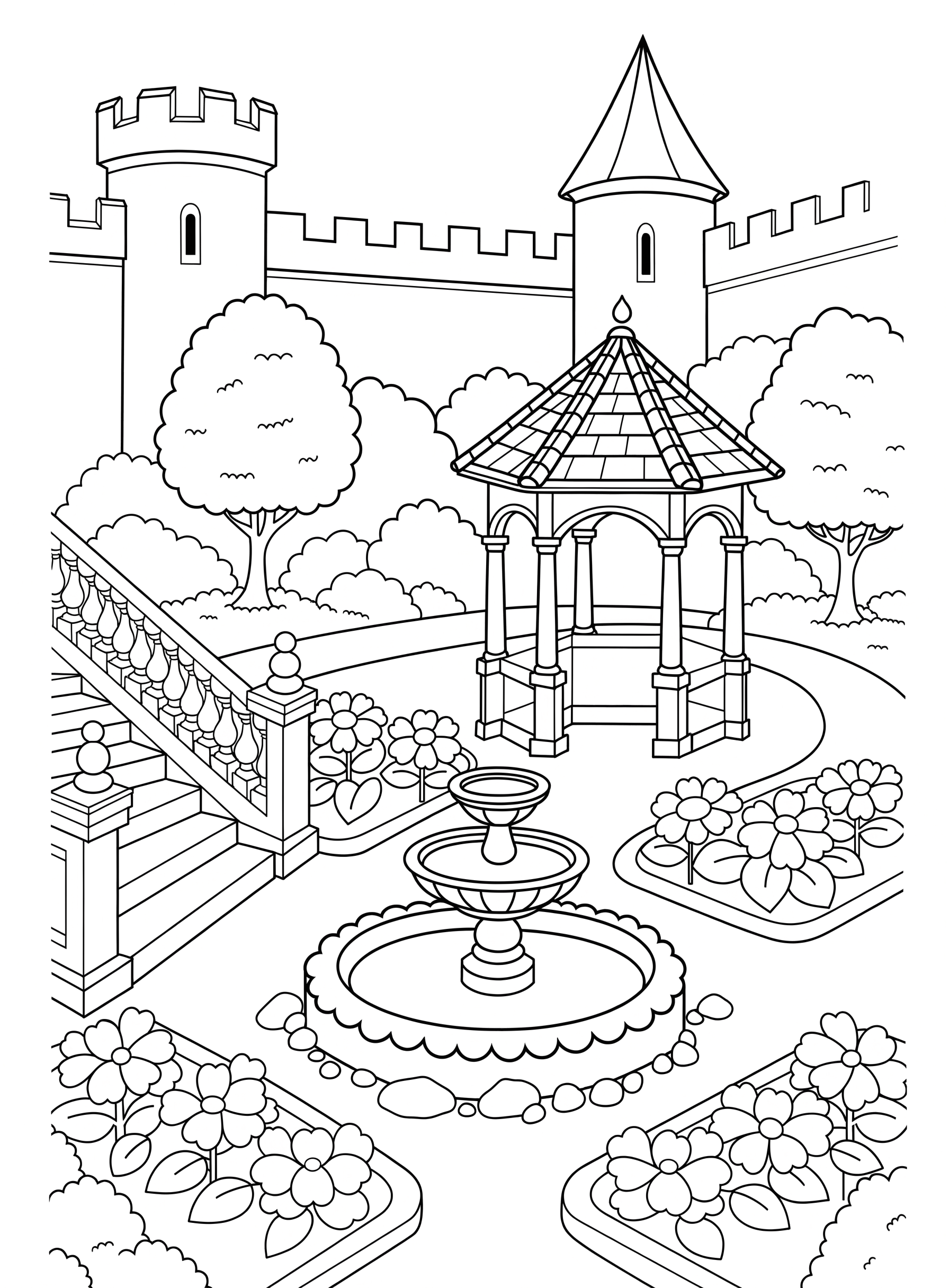 Ausmalbild: Schlossgarten mit Pavillon