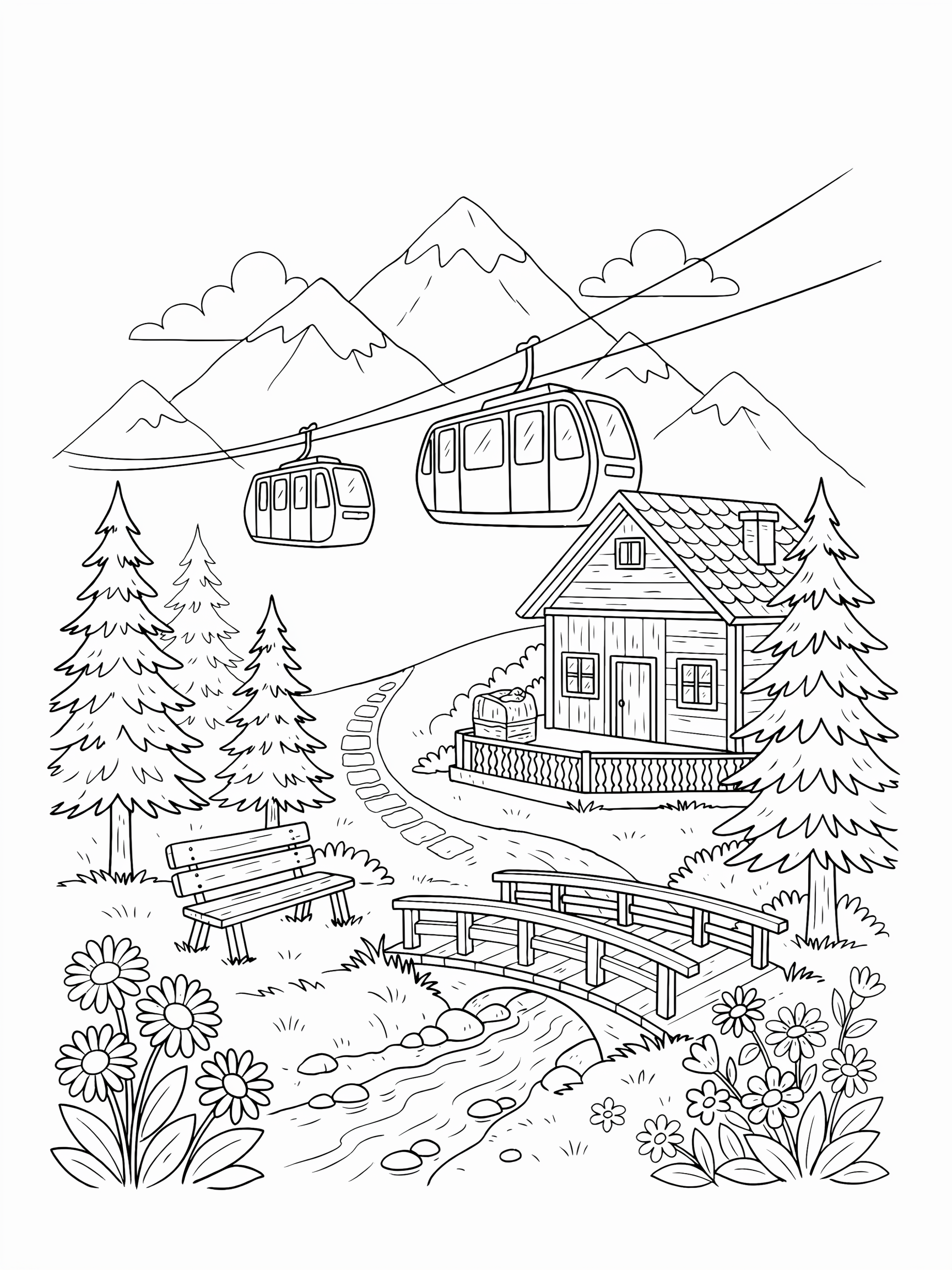 Ausmalbild: Seilbahn zur Berghütte