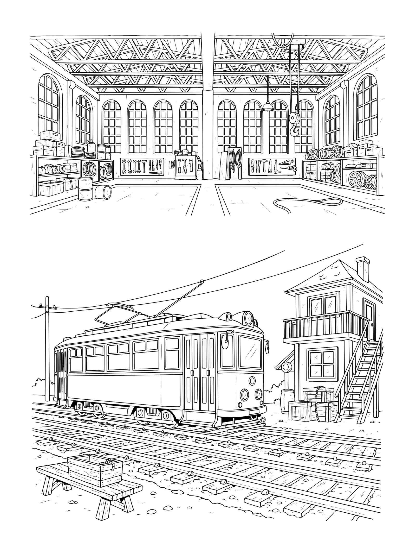Ausmalbild: Straßenbahndepot