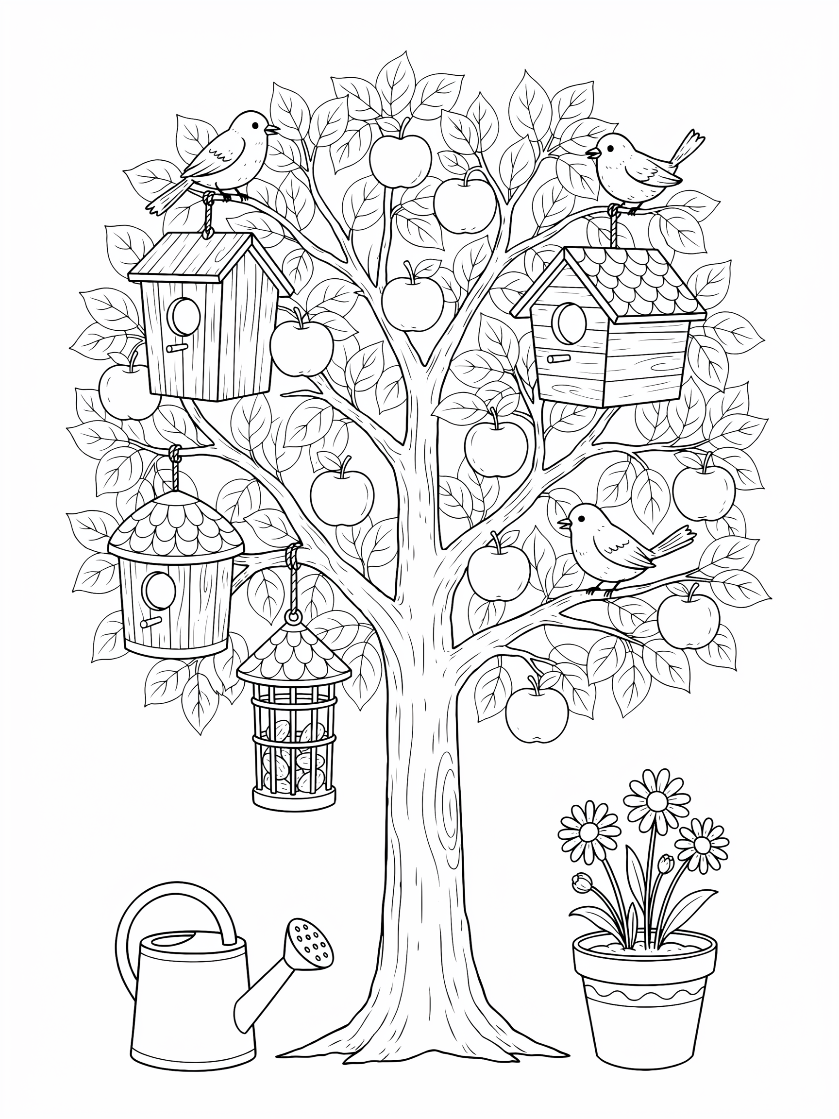 Ausmalbild: Vogelhäuser im Apfelbaum