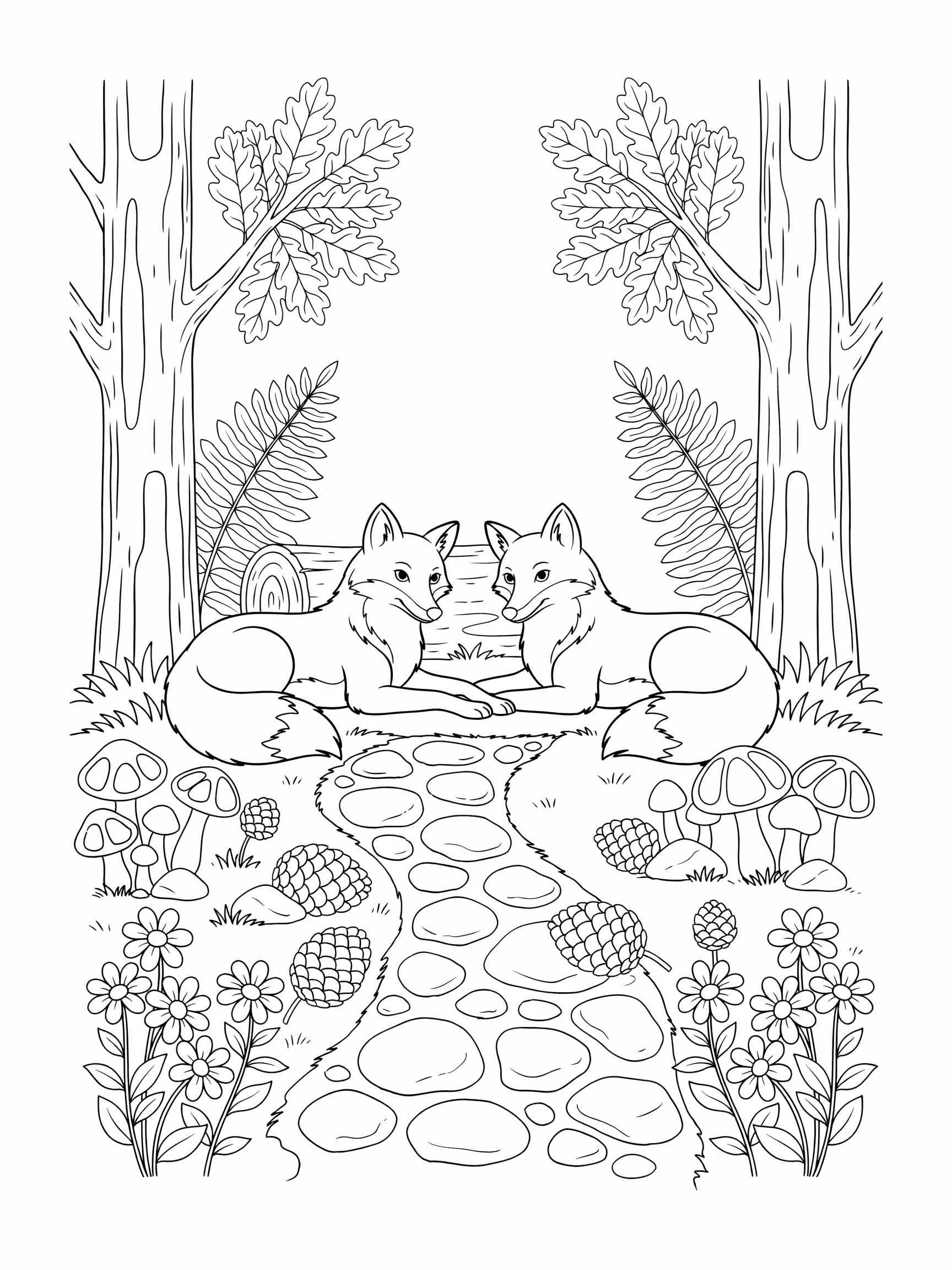 Ausmalbild: Fuchsfamilie auf der Waldlichtung