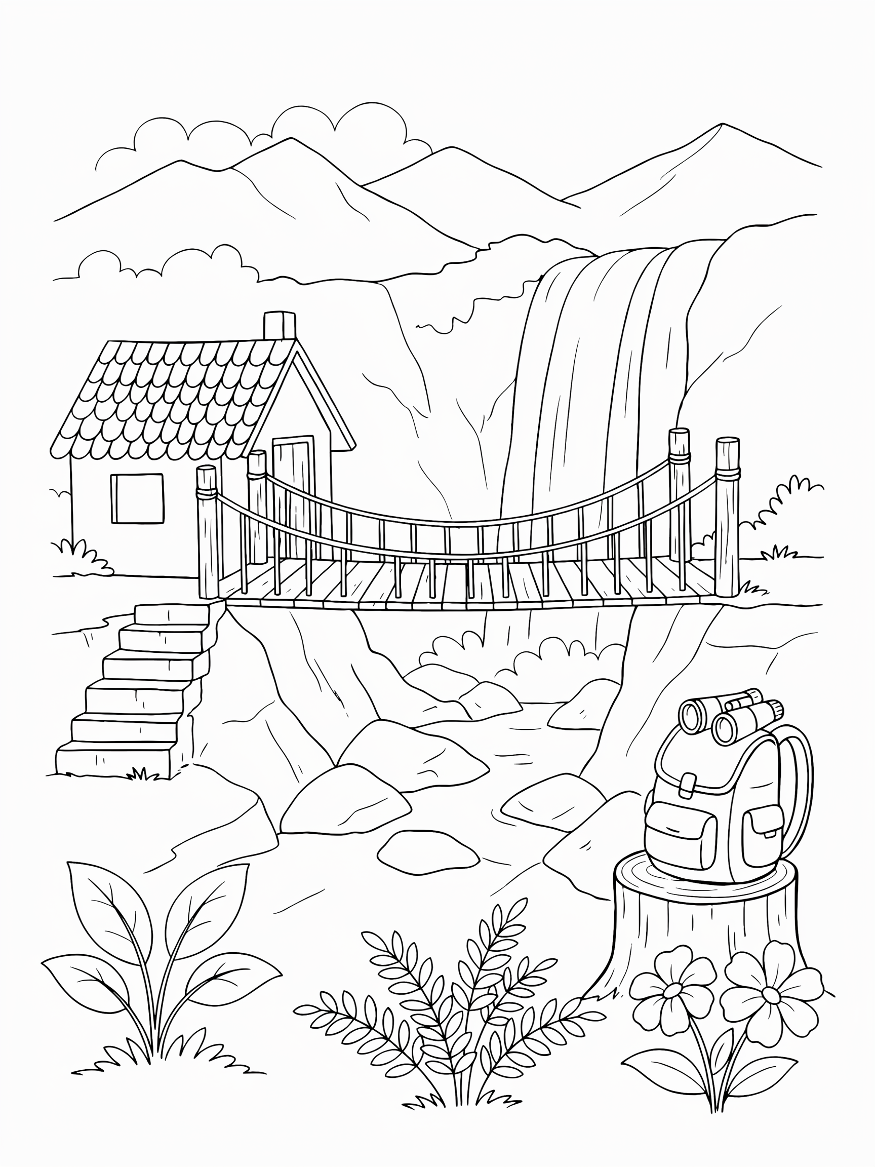 Ausmalbild: Hängebrücke am Wasserfall