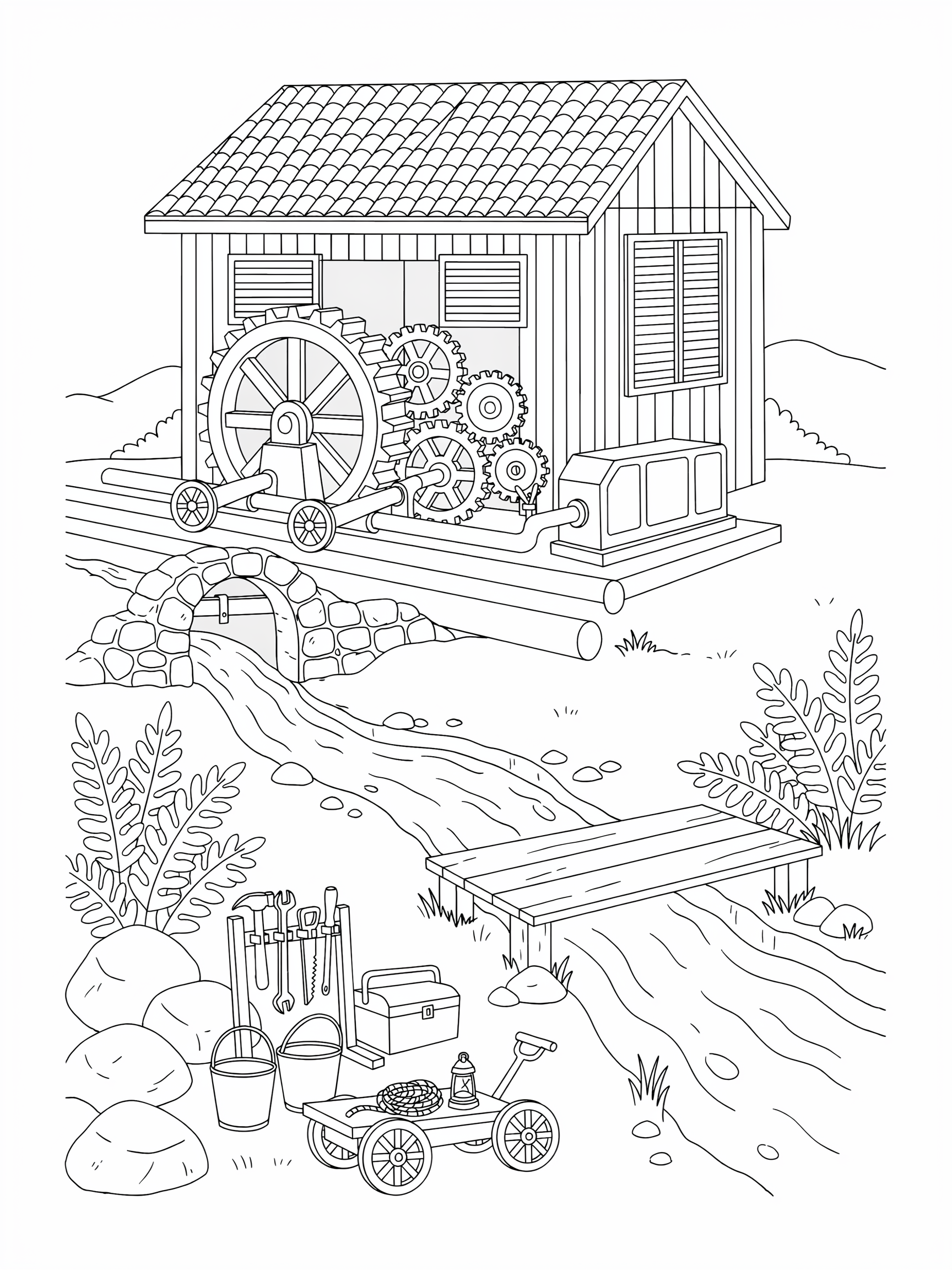 Ausmalbild: Wasserwerk am Bach