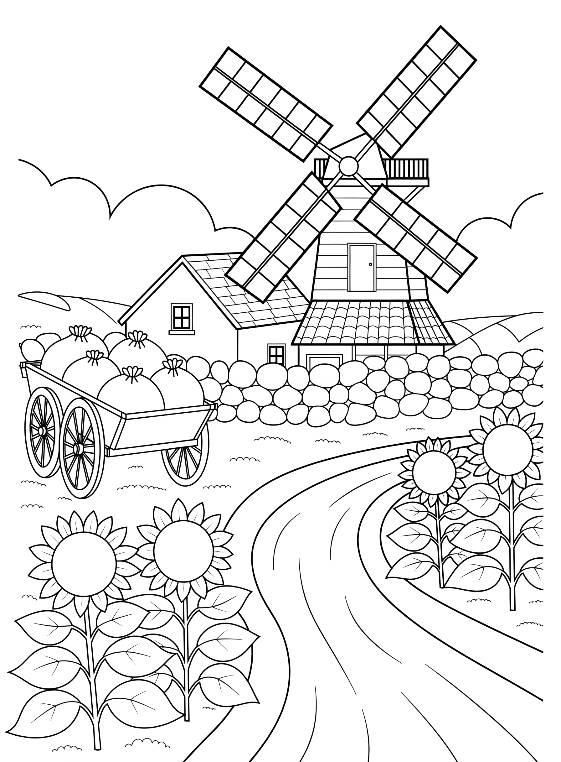 Ausmalbild: Windmühle am Feldrand