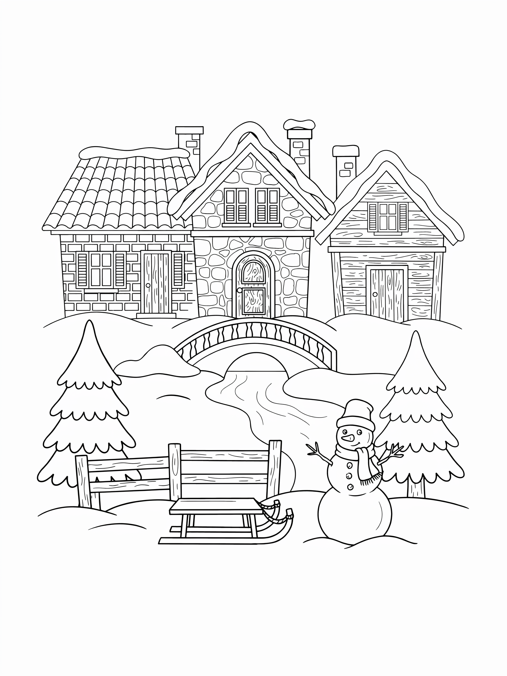 Ausmalbild: Winterdorf im Schnee